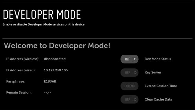 Print da tela do app Developer Mode na TV LG